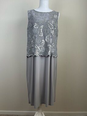 Embroidered Gray‎ Sequin Midi Dress Size 14 Formal Wedding Guest Mother Bride